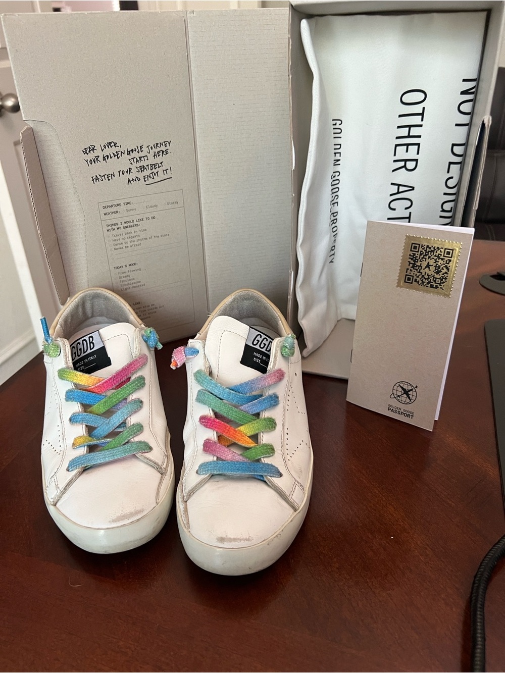 Golden Goose Women's White Sneakers with Multicolor Rainbow Laces